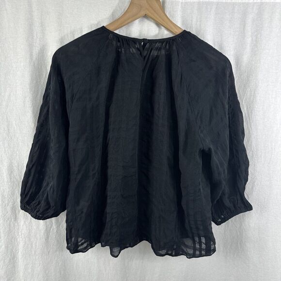 Pearl By Lela Rose Sheer Black Windowpane 3/4 Peasant Top Womens Size M - Picture 2 of 13